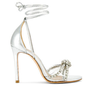 Schutz Silver Rhinestone Ankle Wrap Sandals SIZE 8.5 Stiletto Heel Revolve $138